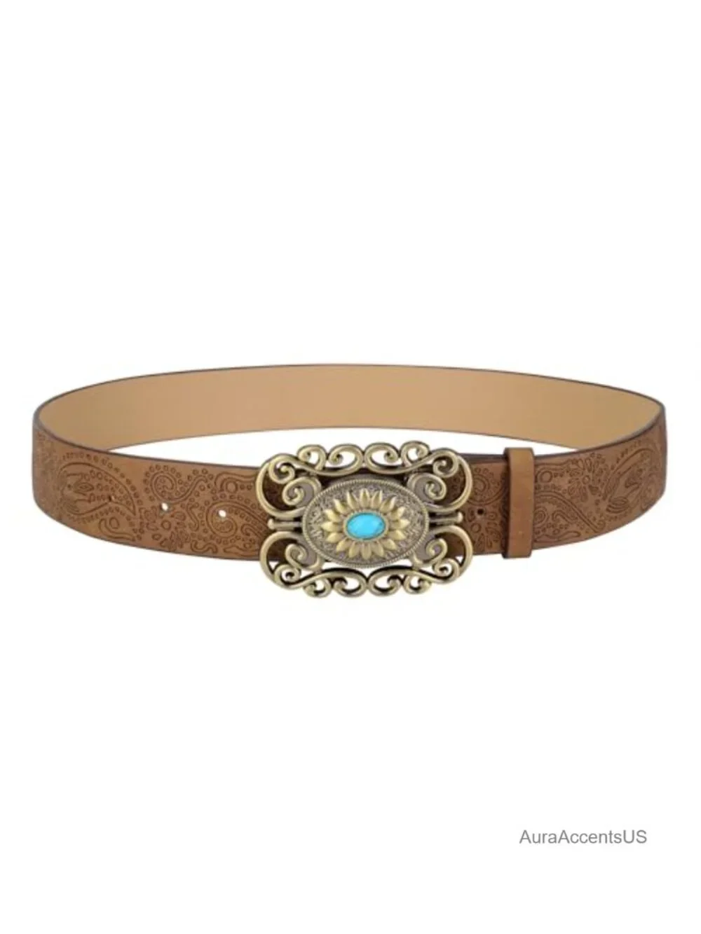 Vintage Western Leather Belt Floral Pattern Turquoise Buckle Country Cowboy